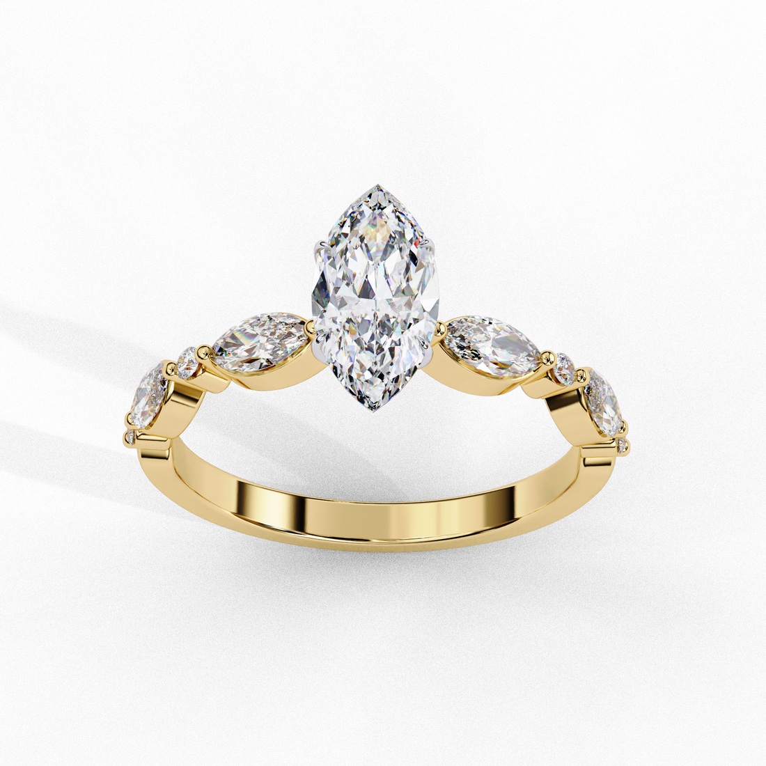 Marquise Moissanite Ring with Round Accents | 14k Yellow Gold Plated