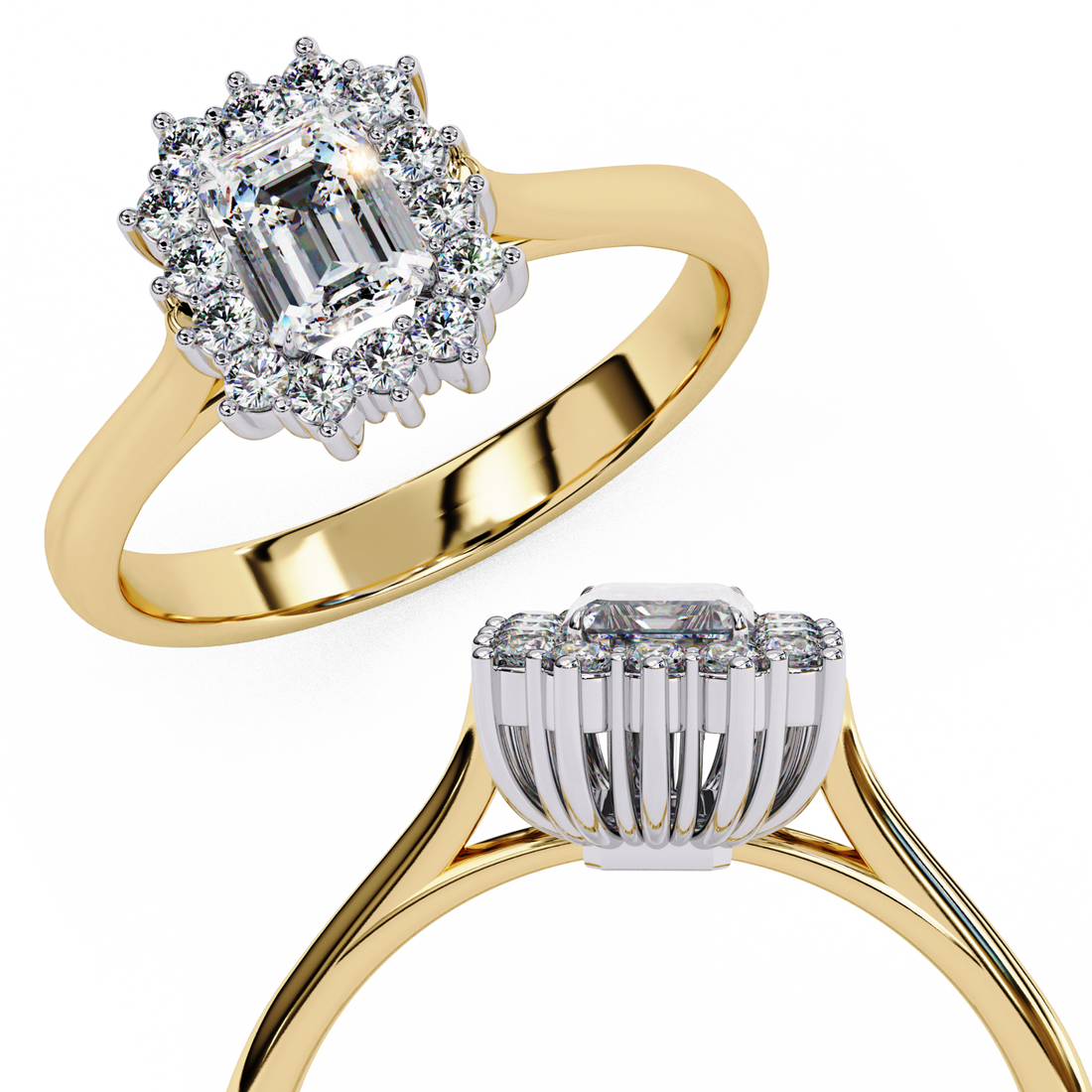 Vintage Emerald Cut Moissanite Halo Ring | 14k Yellow Gold Plated