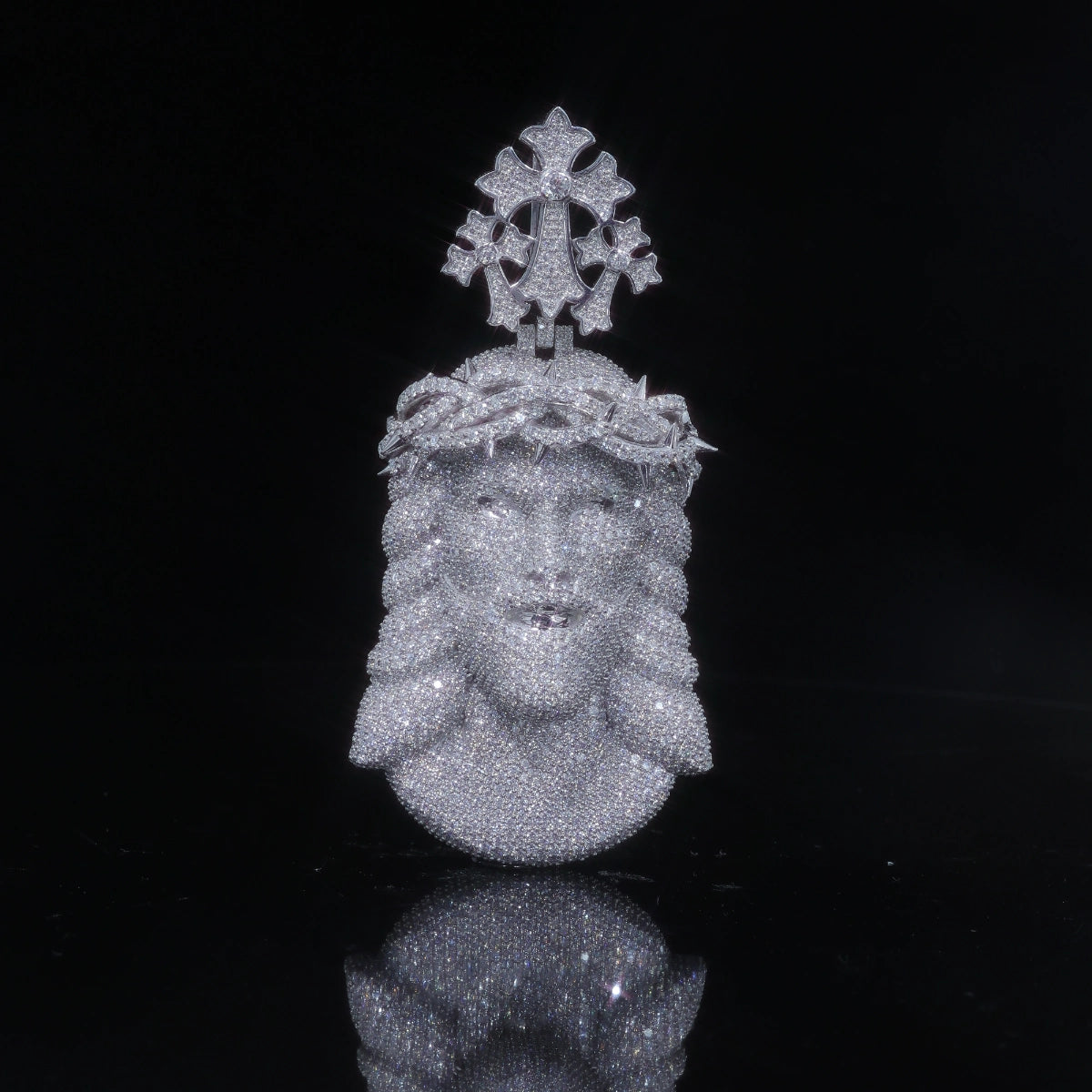 Moissanite Jesus Piece Pendant | 3D Crown of Thorns with Gothic Cross Bail, 925 Silver