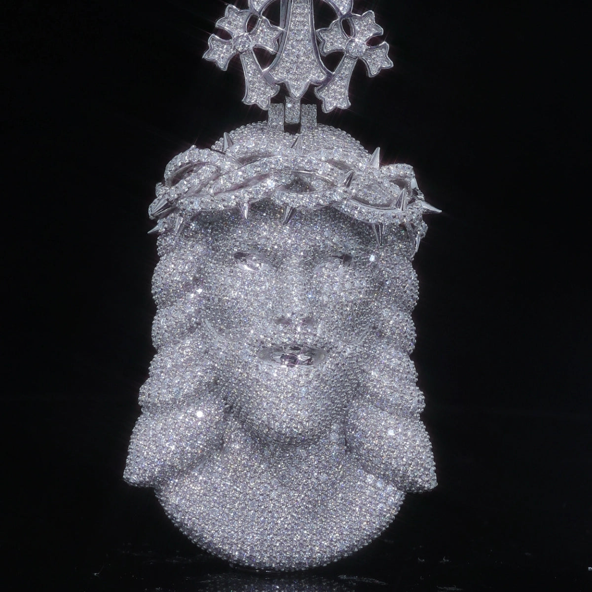 Moissanite Jesus Piece Pendant | 3D Crown of Thorns with Gothic Cross Bail, 925 Silver