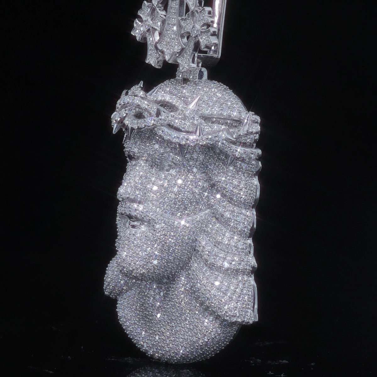 Moissanite Jesus Piece Pendant | 3D Crown of Thorns with Gothic Cross Bail, 925 Silver