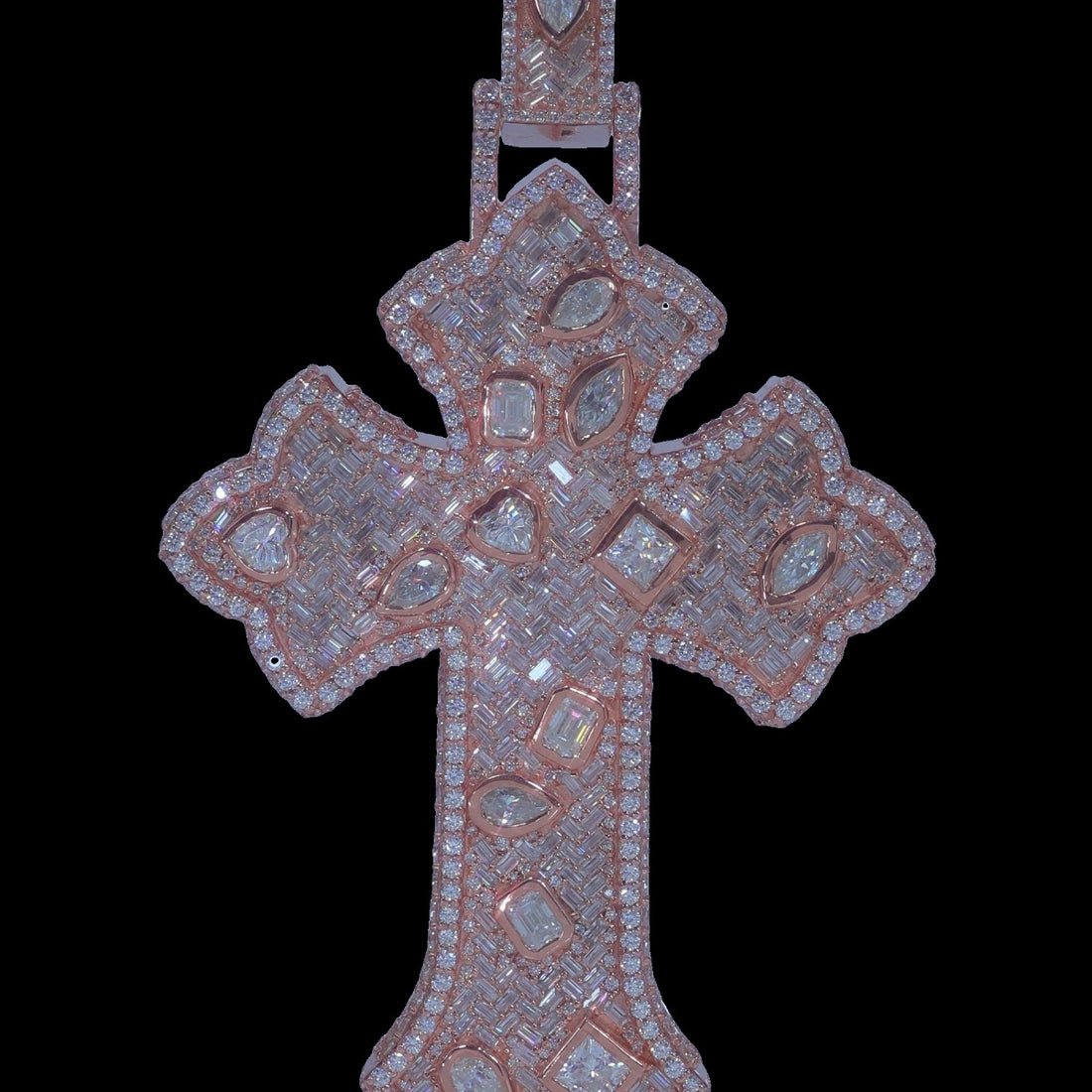 Moissanite Mixed Cut Cross Pendant | Baguette Herringbone with Fancy Shapes, Rose Gold Plated 925 Silver