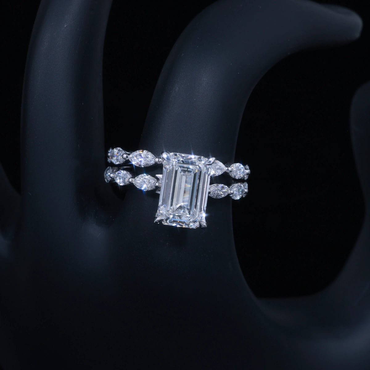 3ct Emerald Cut Lab Diamond Ring with Double Marquise Band | 14k  Solid Gold