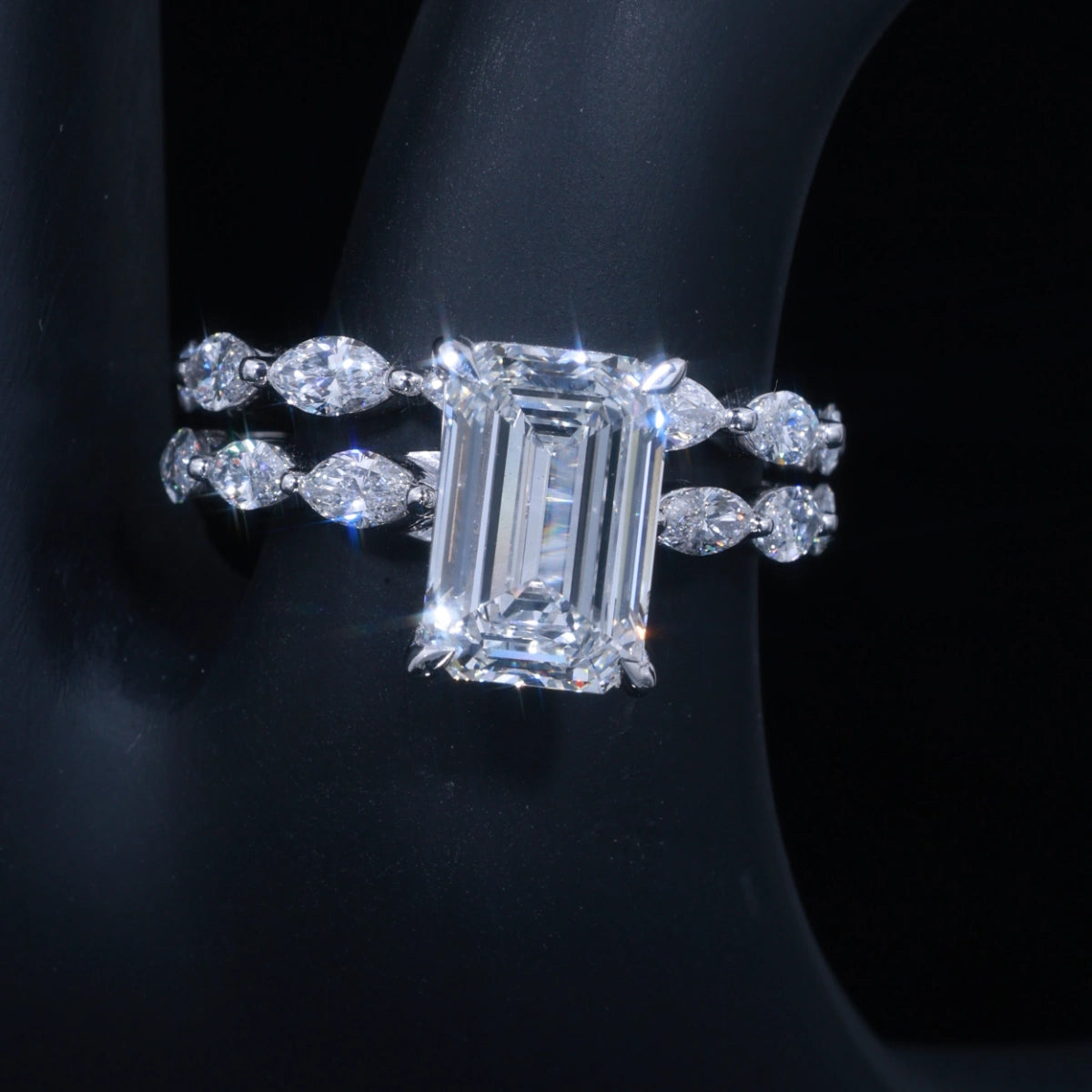 3ct Emerald Cut Lab Diamond Ring with Double Marquise Band | 14k  Solid Gold