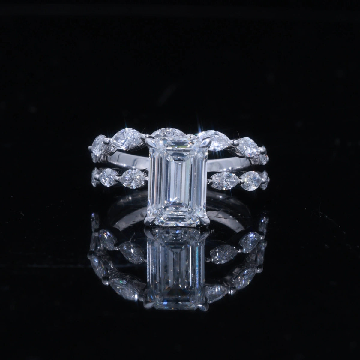 3ct Emerald Cut Lab Diamond Ring with Double Marquise Band | 14k  Solid Gold
