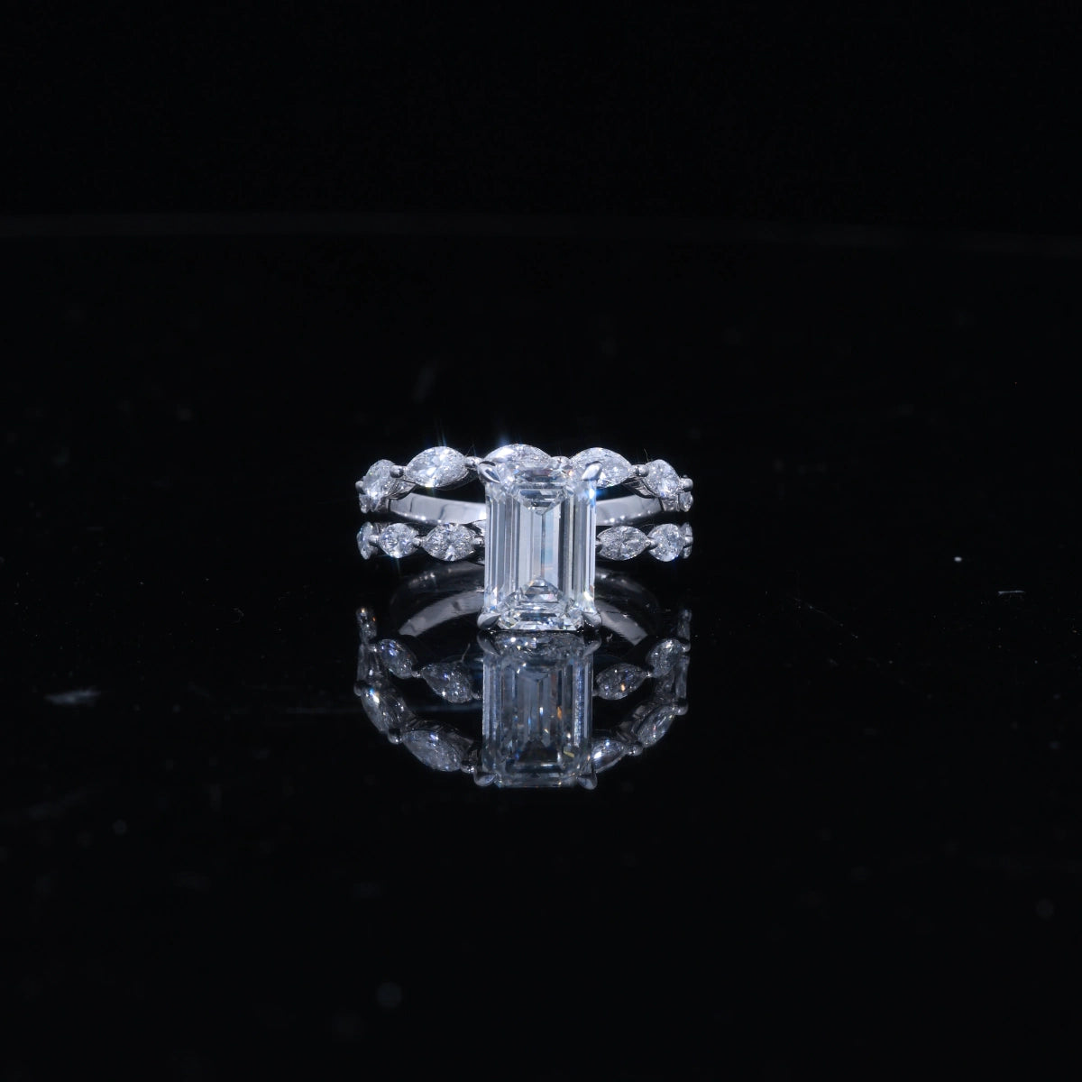 3ct Emerald Cut Lab Diamond Ring with Double Marquise Band | 14k  Solid Gold