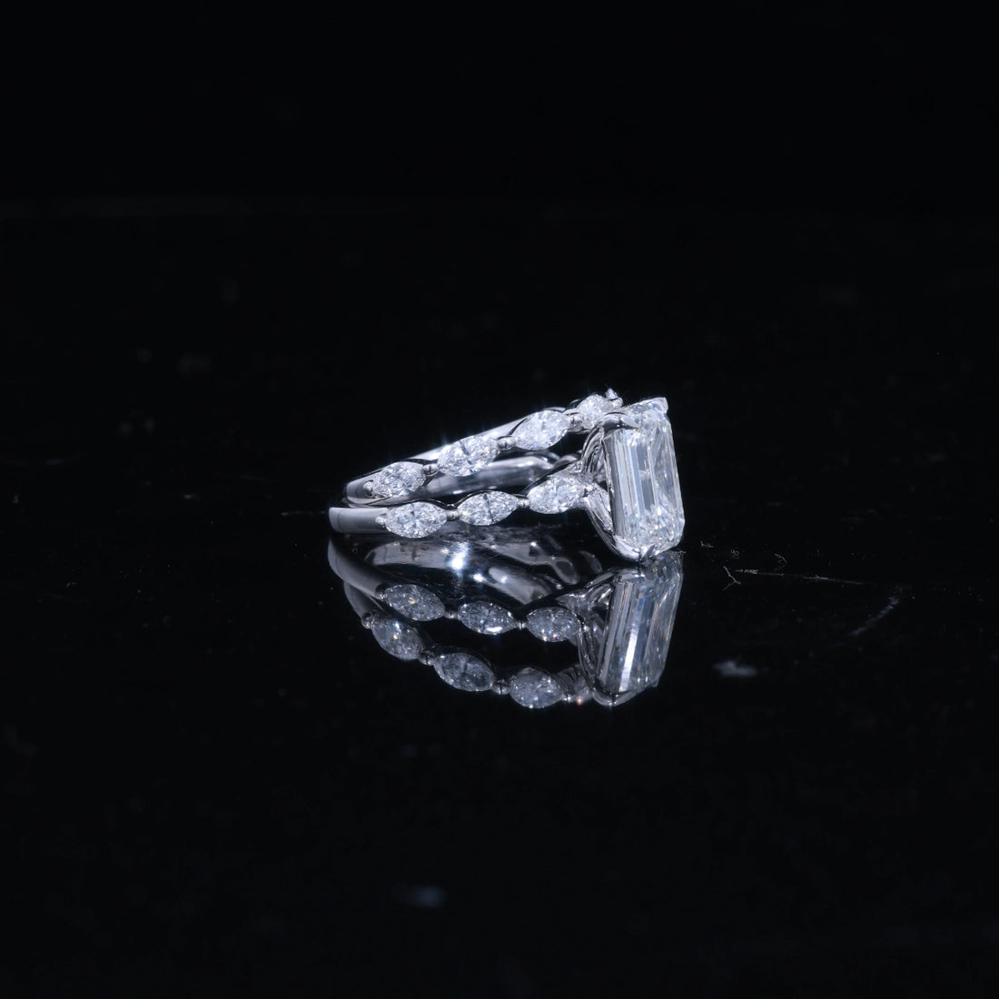 3ct Emerald Cut Lab Diamond Ring with Double Marquise Band | 14k  Solid Gold