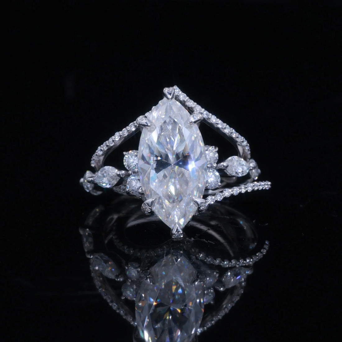 4ct Marquise Lab Diamond Ring with Side Stone Cluster – 14k Gold
