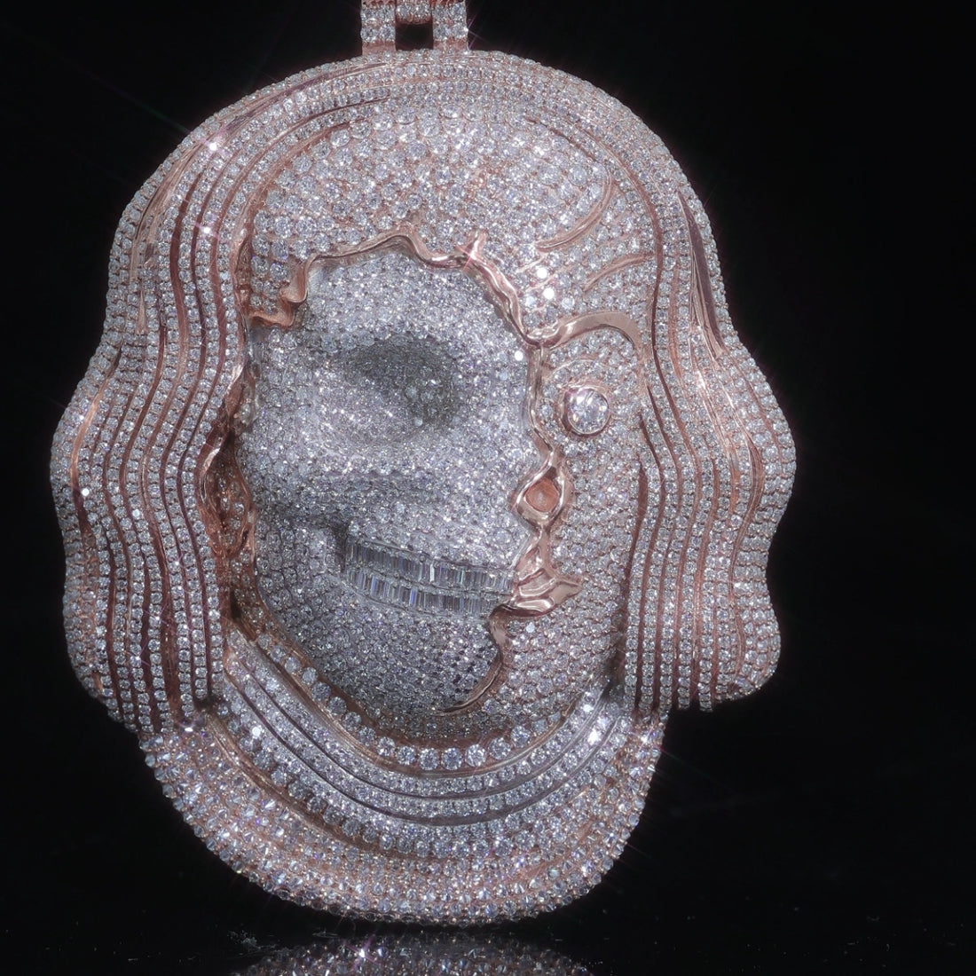 Moissanite Half Skull Portrait Pendant | Iced Out Torn Face, Rose Gold Plated 925 Silver
