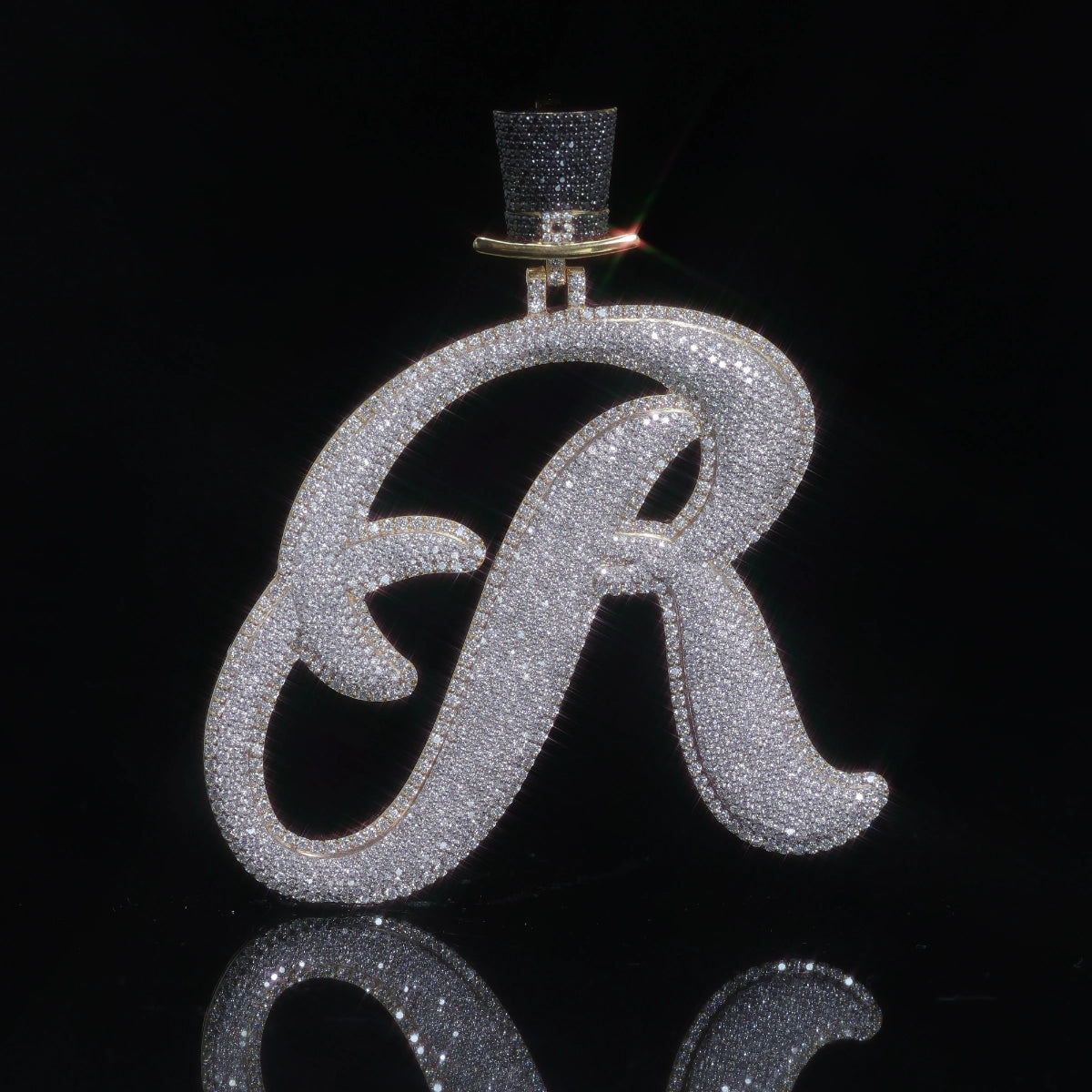Moissanite Cursive Initial Pendant | Puffed Script Letter with Top Hat Bail, Gold Plated 925 Silver