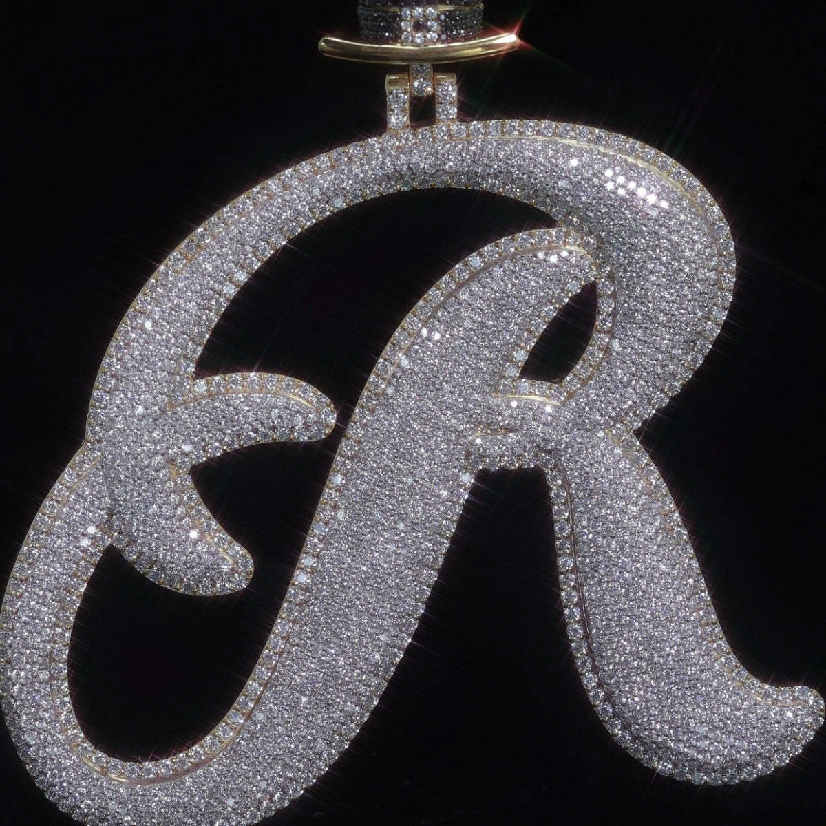 Moissanite Cursive Initial Pendant | Puffed Script Letter with Top Hat Bail, Gold Plated 925 Silver
