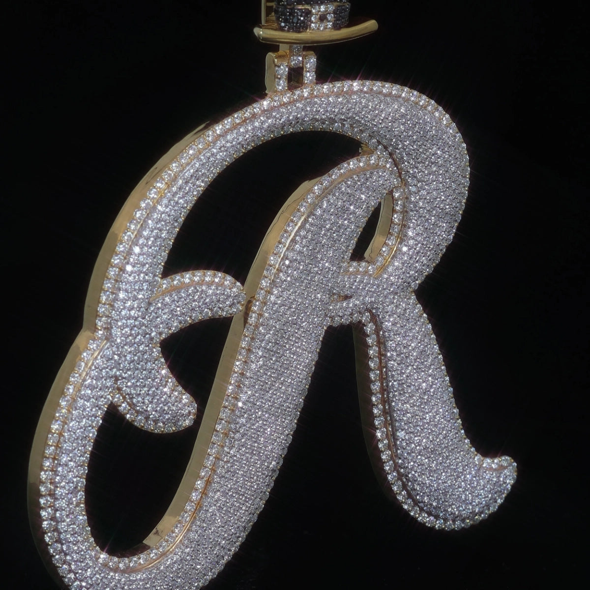 Moissanite Cursive Initial Pendant | Puffed Script Letter with Top Hat Bail, Gold Plated 925 Silver