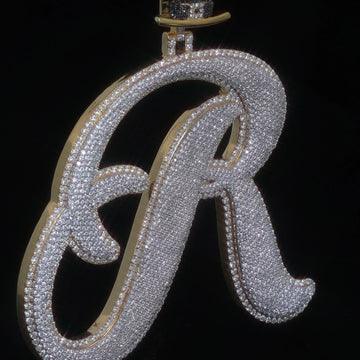 Moissanite Cursive Initial Pendant | Puffed Script Letter with Top Hat Bail, Gold Plated 925 Silver