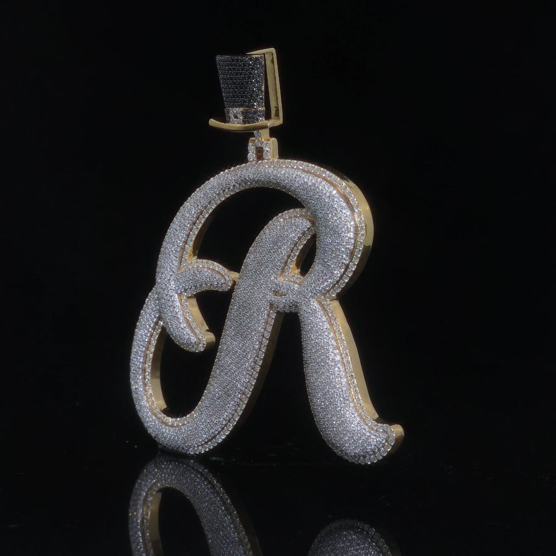 Moissanite Cursive Initial Pendant | Puffed Script Letter with Top Hat Bail, Gold Plated 925 Silver