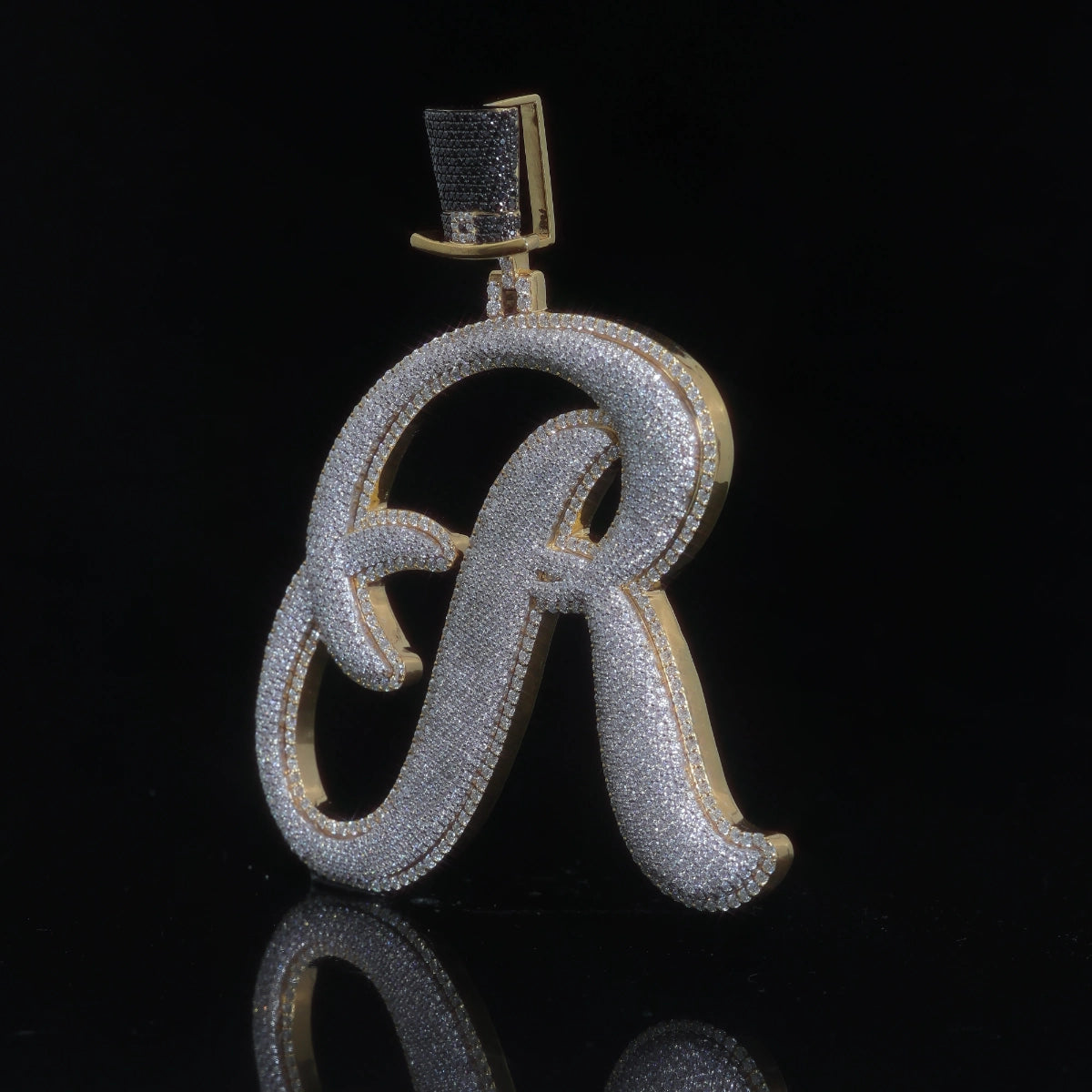 Moissanite Cursive Initial Pendant | Puffed Script Letter with Top Hat Bail, Gold Plated 925 Silver