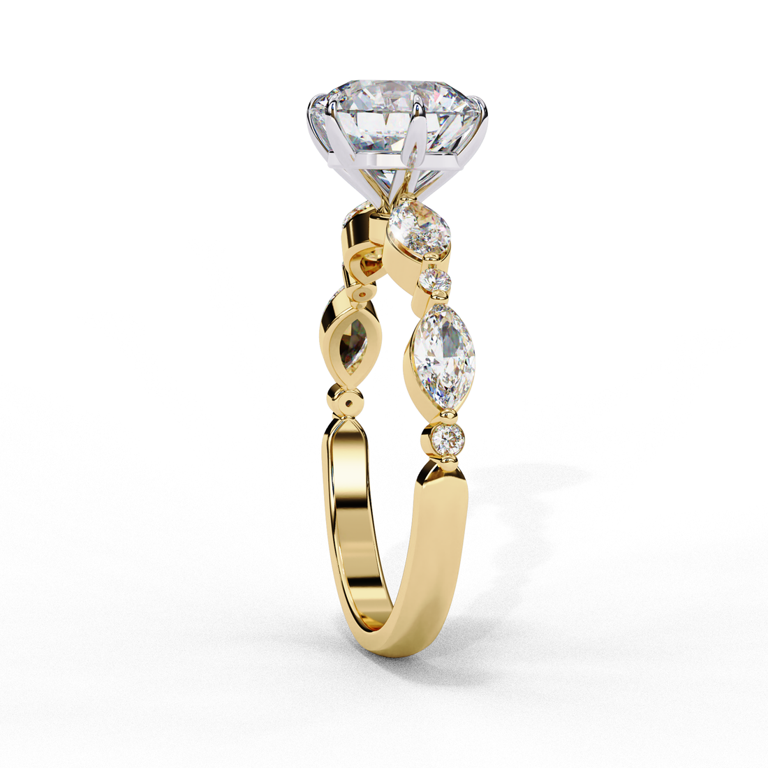 Lumen  Round Moissanite Ring with Pear Accents | 14k Yellow Gold Plated