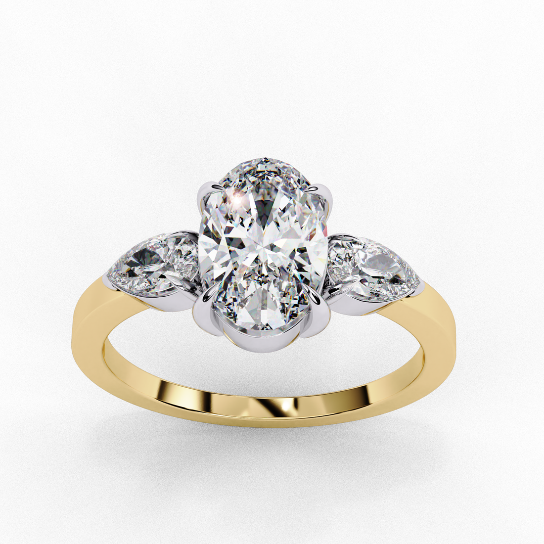 Oval Moissanite Three-Stone Ring | 14k Yellow Gold Plated