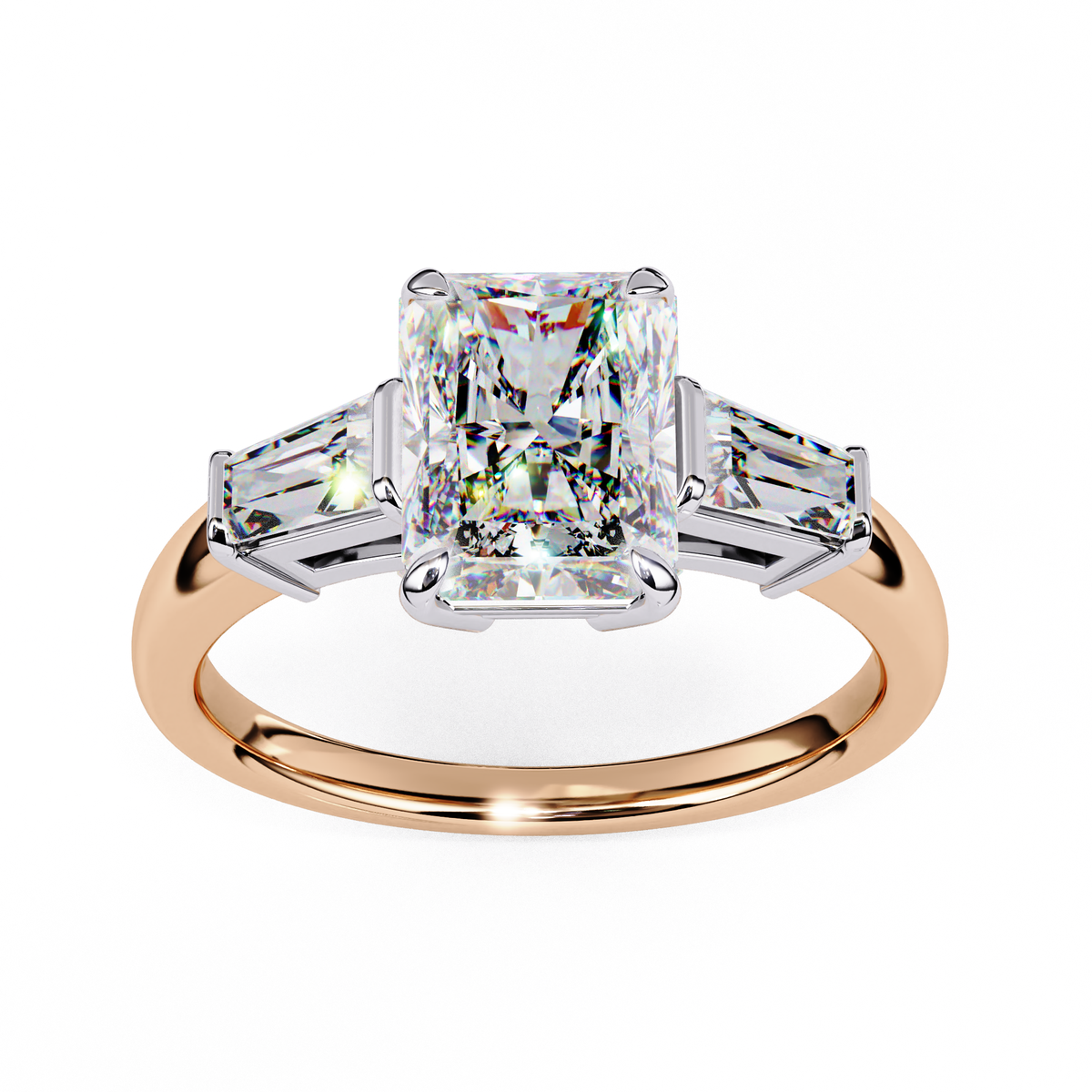 Radiant Moissanite Three-Stone Ring | 14k Rose Gold Plated