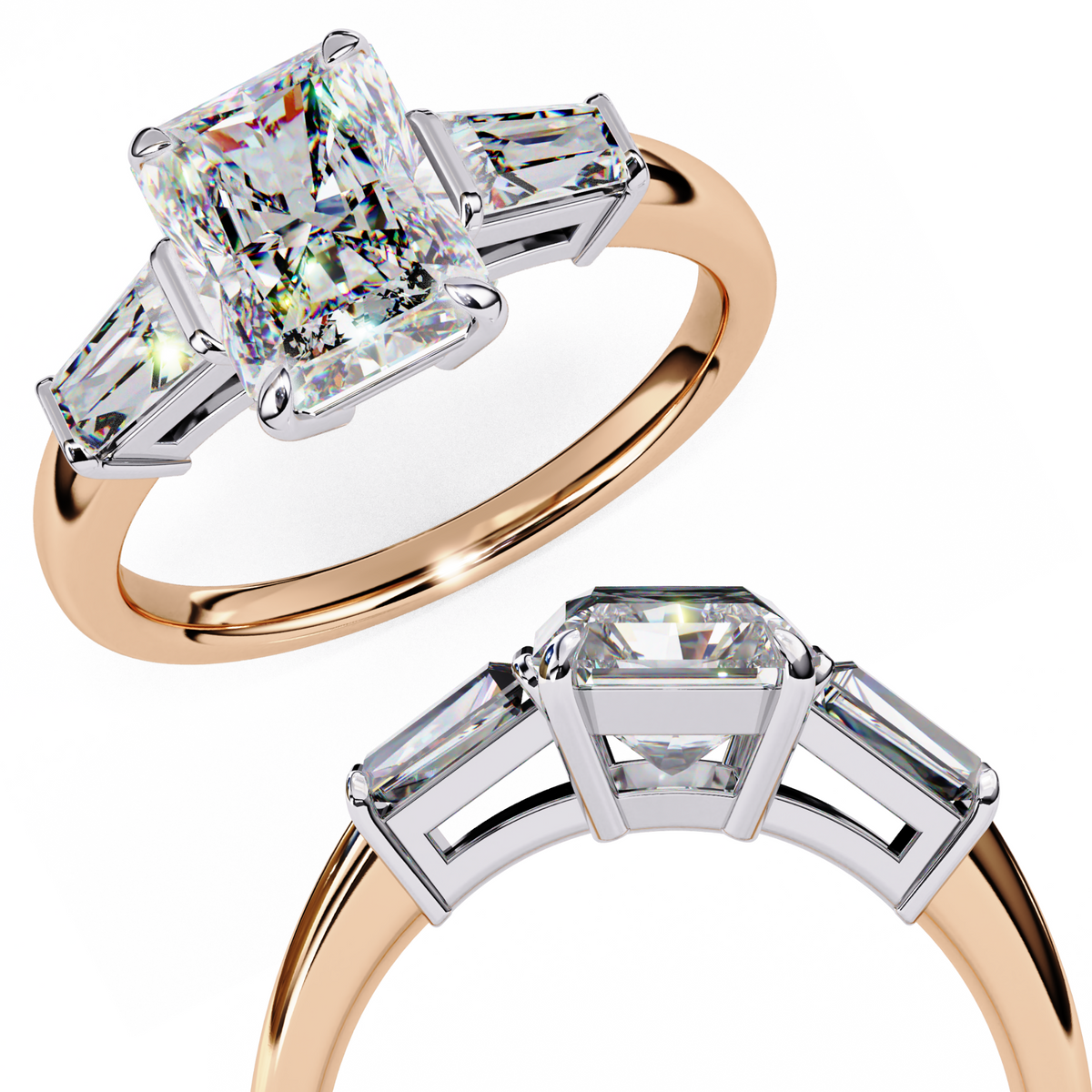 Radiant Moissanite Three-Stone Ring | 14k Rose Gold Plated