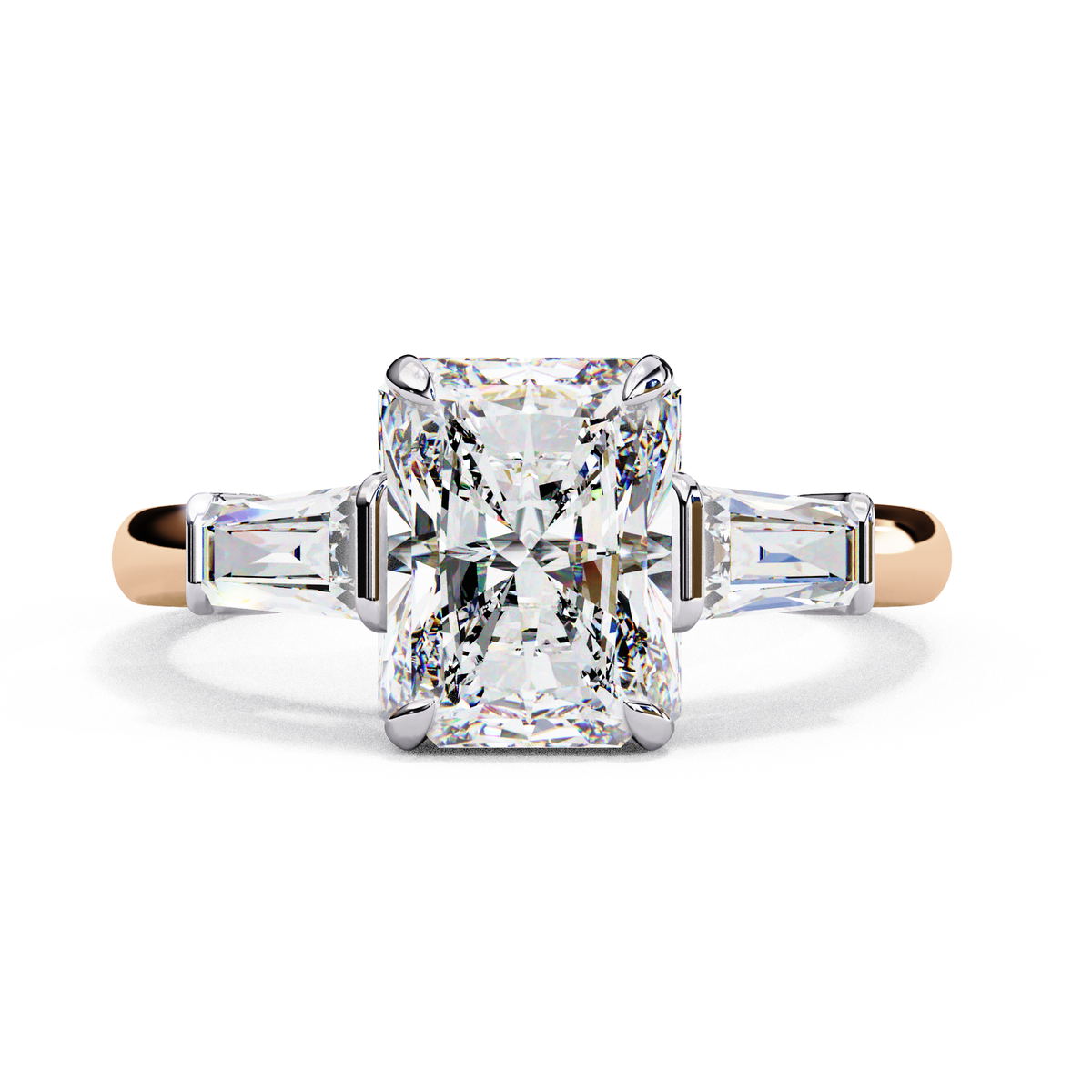 Radiant Moissanite Three-Stone Ring | 14k Rose Gold Plated