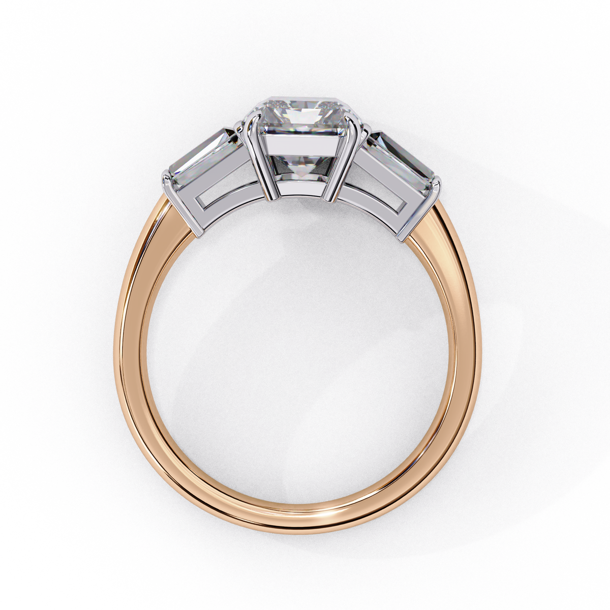 Radiant Moissanite Three-Stone Ring | 14k Rose Gold Plated