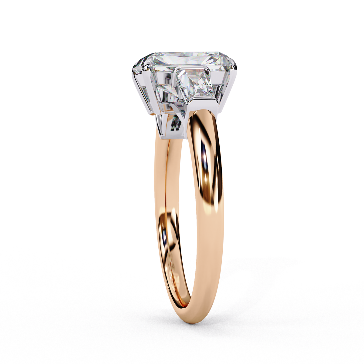 Radiant Moissanite Three-Stone Ring | 14k Rose Gold Plated