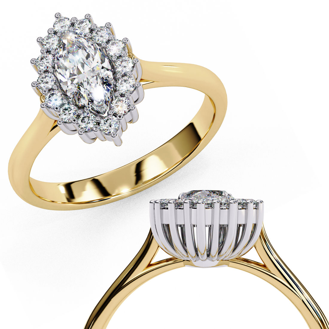 Radiant Oval Moissanite Starburst Halo Ring | 14k Yellow Gold