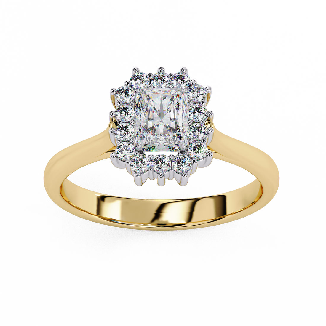 Emerald Cut Moissanite Halo Ring | 14K Yellow Gold Plated