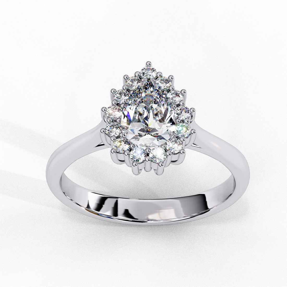 Pear Moissanite Starburst Halo Ring |  14k White Gold Plated