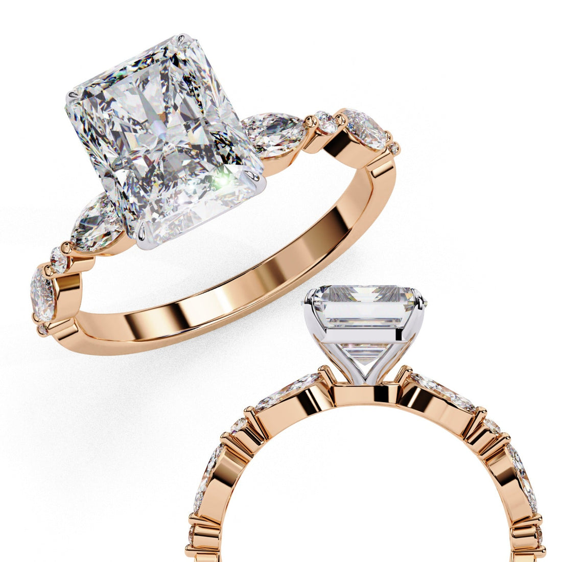 Presley Radiant Moissanite Ring | Alternating Accents | 14k Rose Gold Plated