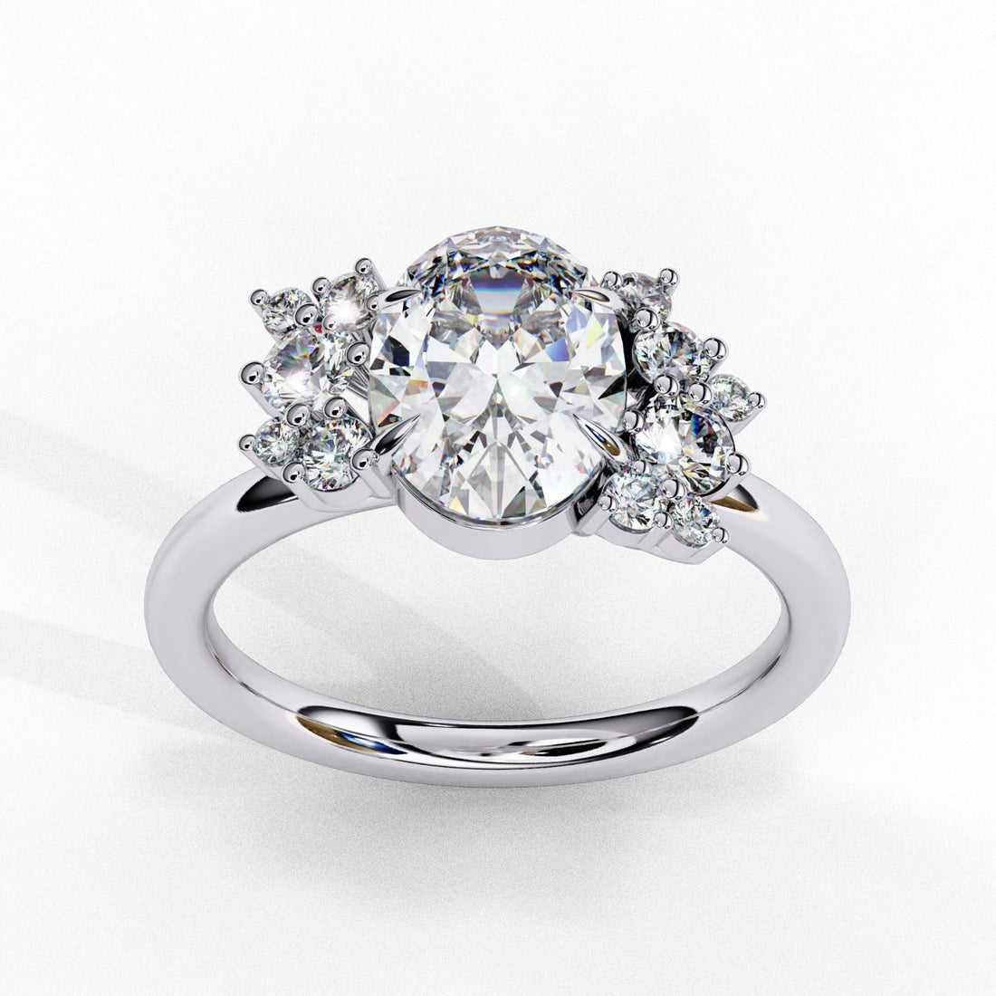 Ophira Oval Moissanite Ring with Cluster Accents | 14k White Gold Plated