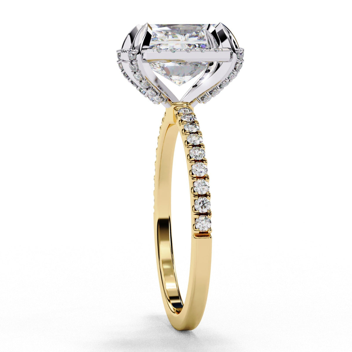 Solara Radiant Moissanite Ring with Hidden Halo | 14k Yellow Gold Plated
