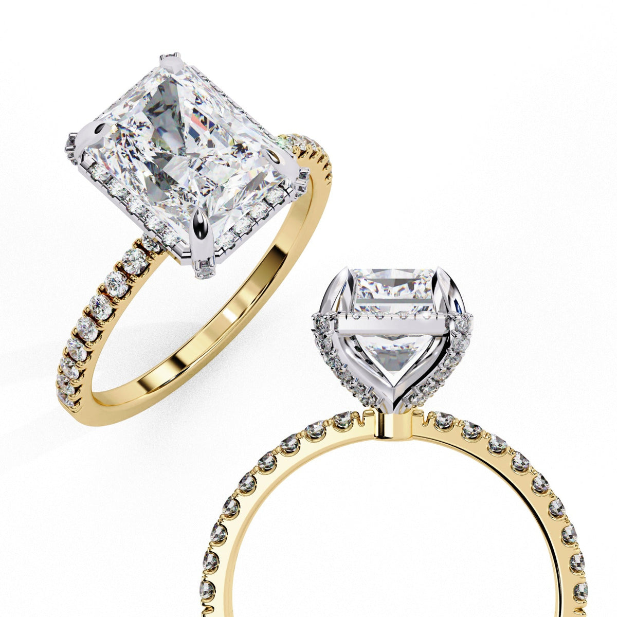 Solara Radiant Moissanite Ring with Hidden Halo | 14k Yellow Gold Plated