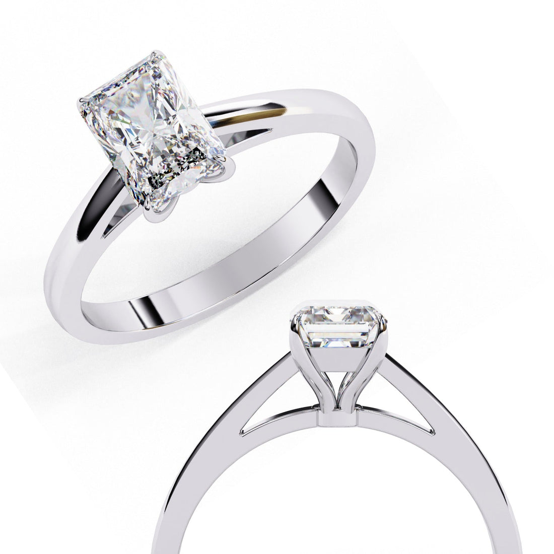 Modern Radiant Cut Moissanite Solitaire Ring | 14k White Gold Plated